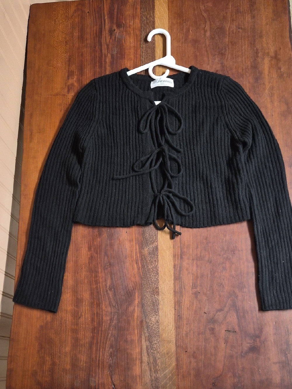Black Ribbed Tie-Front Sweater